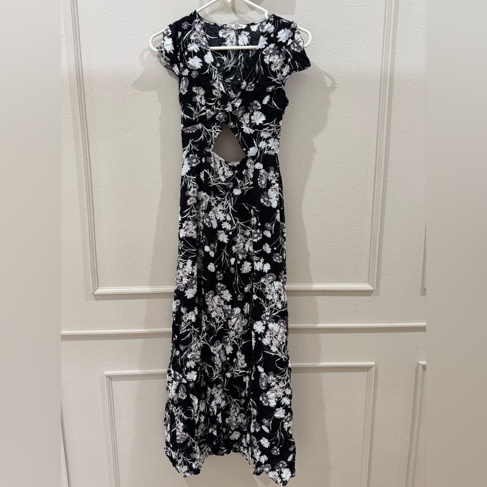 Whimsygoth Black and White Floral backless Maxi dress with cut out